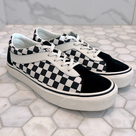 Vans Bold Ni Checkerboard White Marshmallow Black Leather Sneakers Women’s 8.5 - Picture 1 of 14